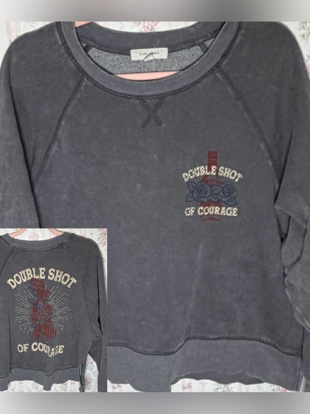 Cleo + Wolf Double Shot of Courage graphic crewneck sweatshirt grey embroidered